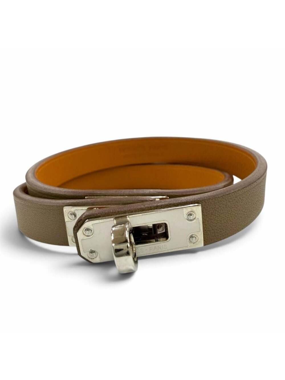 Hermes Mini Kelly Double Tour Bracelet Swift Etoupe Silver T2 French